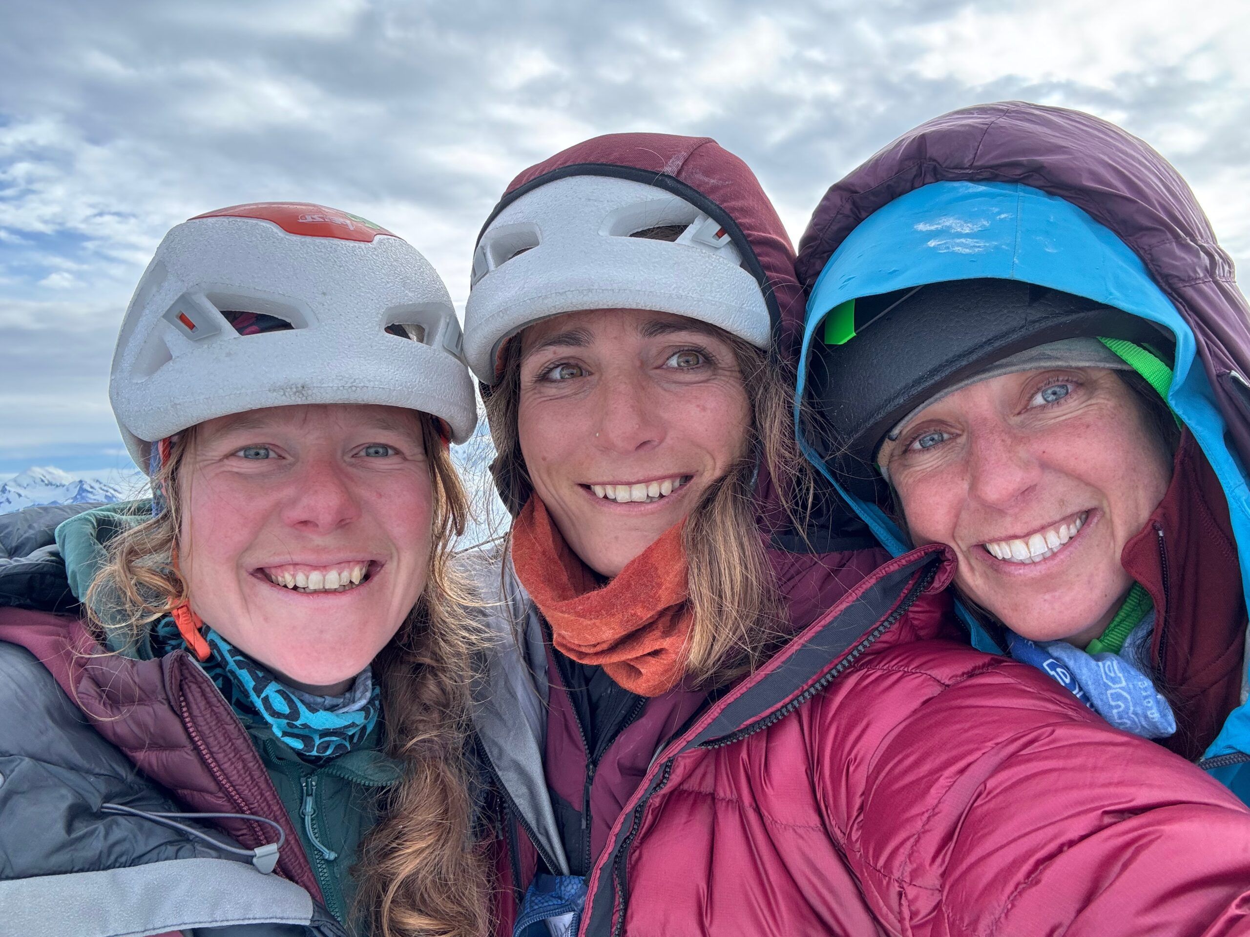 Maud, Fanny and Lise on the summit of Cerro Torre, Patagonia.