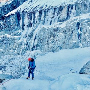 Rappeling to the ice route, Argentire ice climbs.