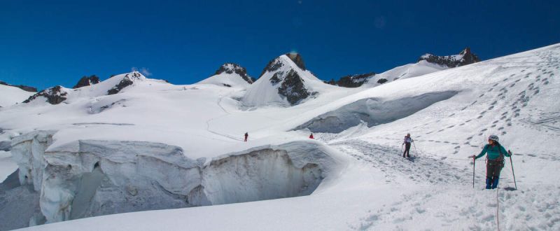 Hiking around mighty crevasses on the traverse of the Vallee Blanche with Chamex guides