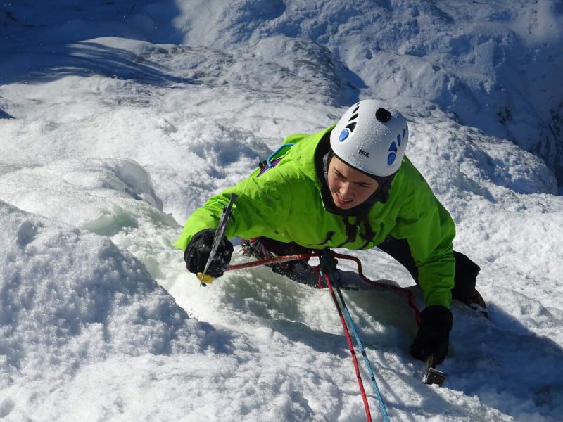 Ice climbing technique practice on the Cogne ice climbing camp