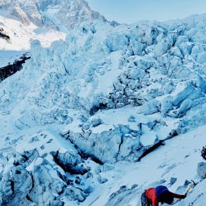 Ice climbing in the Argentiere are with the Argentiere glacier in the view