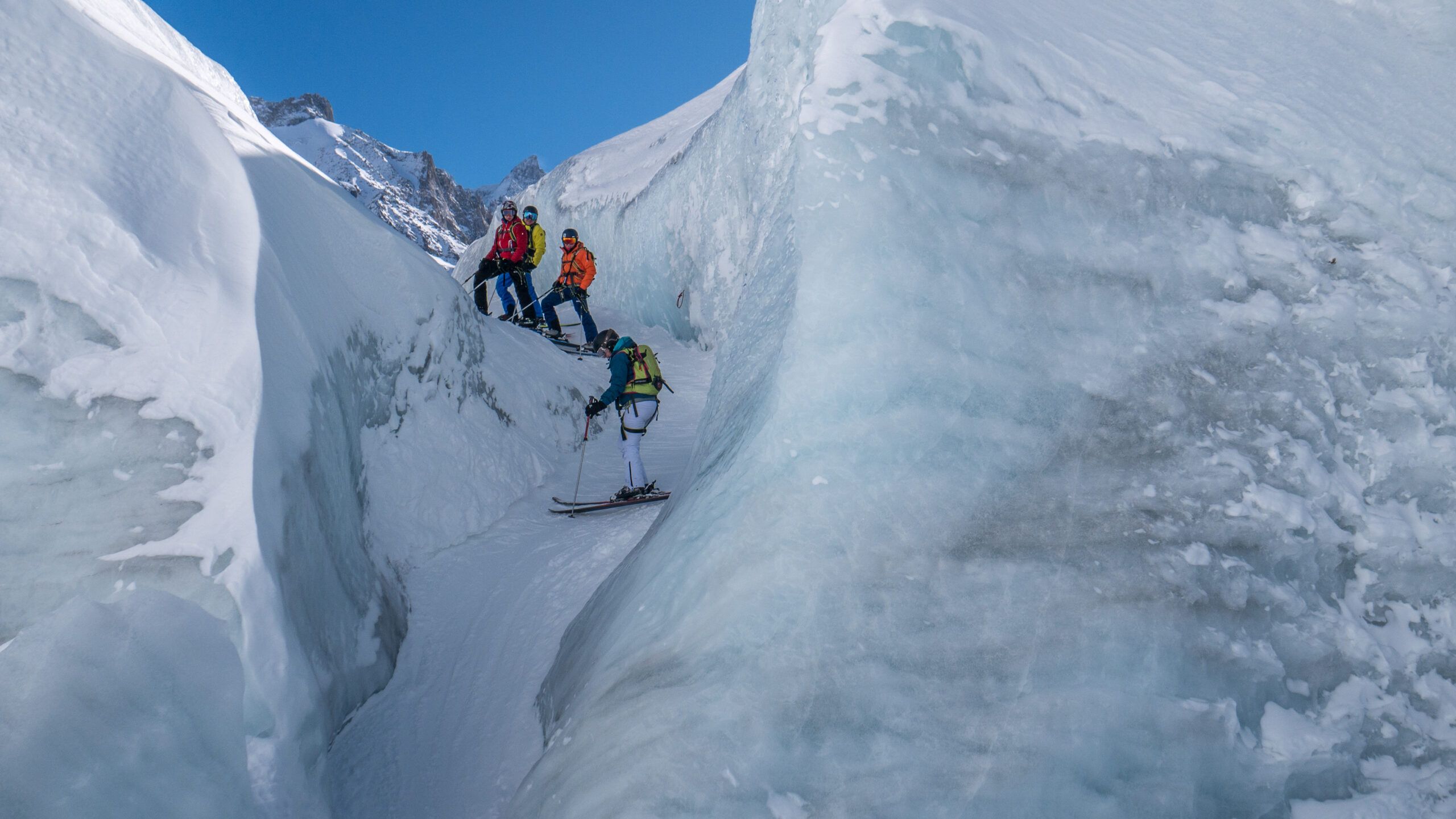 Skiing through crevasses on the Vallée Blanche