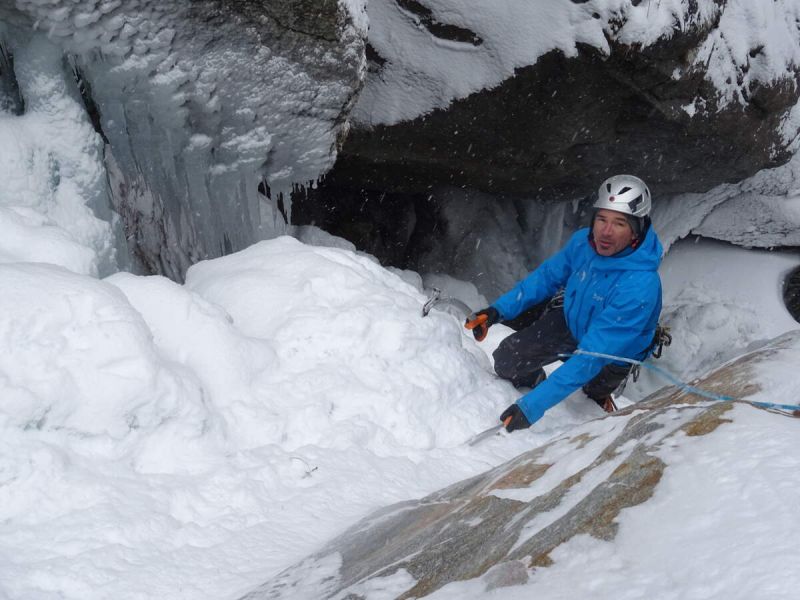 Octavio on a snowy ice climb in Cogne