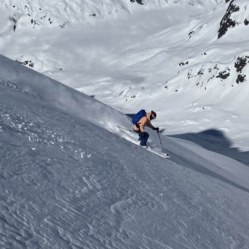 Blanka riding the fresh snow in Chamonix.