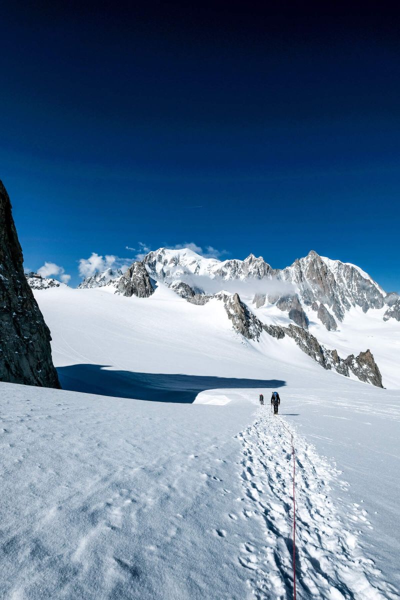 Glacier trek, the Vallee Blanche Travesre, with Mont Blanc in the background.