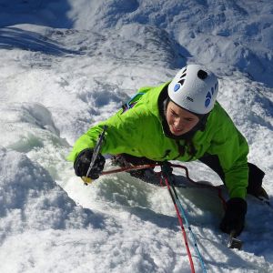 Ice climbing technique practice on the Cogne ice climbing camp