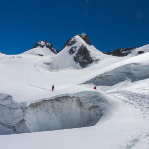 Hiking around mighty crevasses on the traverse of the Vallee Blanche with Chamex guides