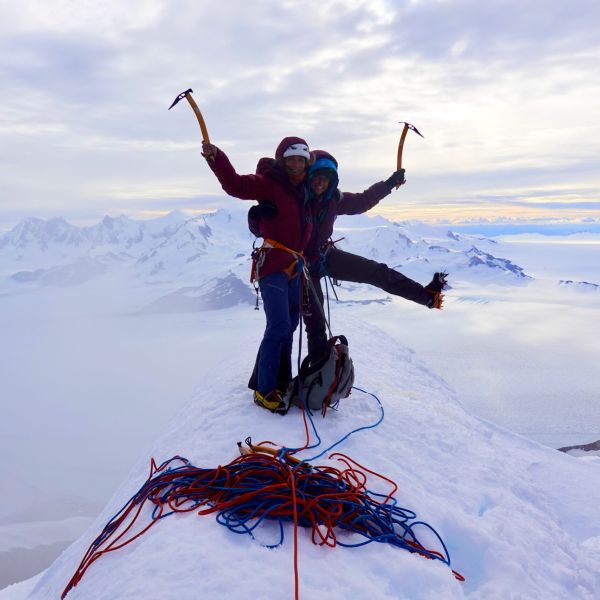Maud all smiles on Cerro Torre SE Ridge climb, Patagonia.